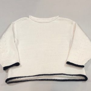 Lou & Grey White sweater Navy Blue Rolled Trim